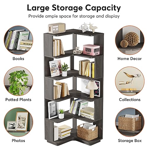 65-Inch Tall Corner Bookshelf, 6-Tier Industrial Corner Bookcase with Side Panels, Freestanding Wood Grain Corner Shelf Display Rack for Home Office, Living Room
