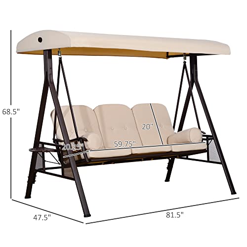 Outsunny 3-Seat Patio Swing Chair, Outdoor Porch Swing Glider with Adjustable Canopy, Removable Cushion, Pillows and Side Trays, for Garden, Poolside, Backyard, Brown