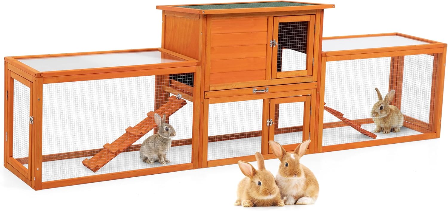 COZIWOW Extra Large Rabbit Hutch Bunny Cage Outdoor Indoor, 2-Story 94.5”L Big Wooden Bunny Hutch Rabbit Cage Small Animal House with No-Leak Tray, Openable Top, Runs, Waterproof Roofs (Orange)