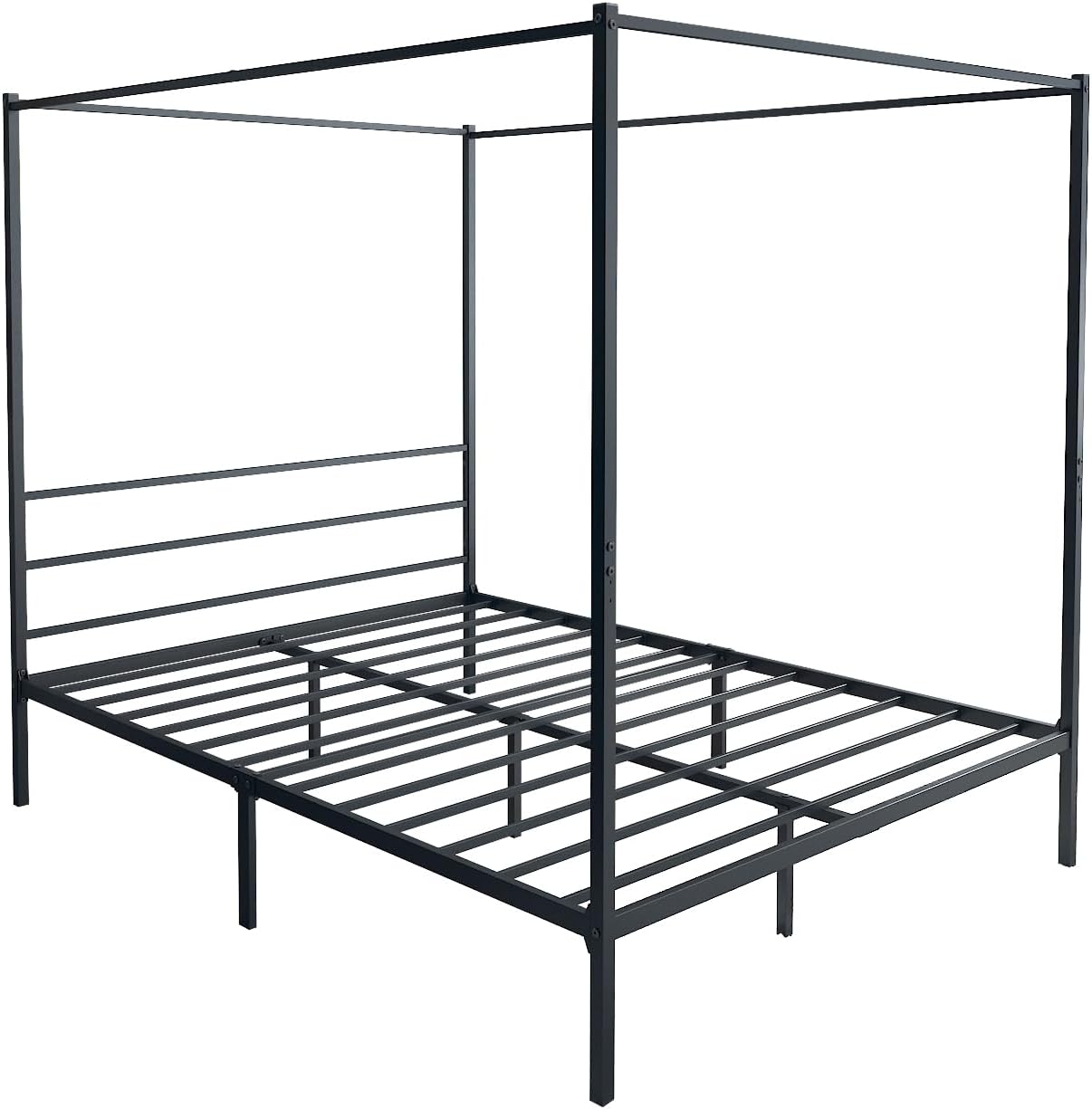 Queen Size Black Metal Canopy Bed Frame - Modern 4 Poster Design with Headboard and Corner Posts for Contemporary Elegance