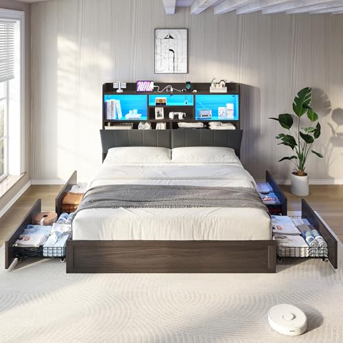 Full Farmhouse Bed Frame with Bookcase Headboard and 4 Drawers, LED Storage Bed with Charging Station & Linen Upholstered, No Box Spring Needed, Black