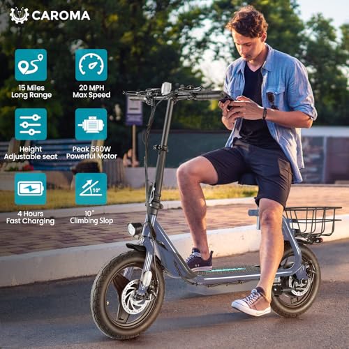 Caroma Peak 500W/800W/1200W Electric Scooter with Seat, Max 15/20/30Miles Range&20MPH, 14" Tires Foldable Adult Electric Scooter with Basket for Pets & Cargo, Dual Shock Absorbing Ebike for Commuting