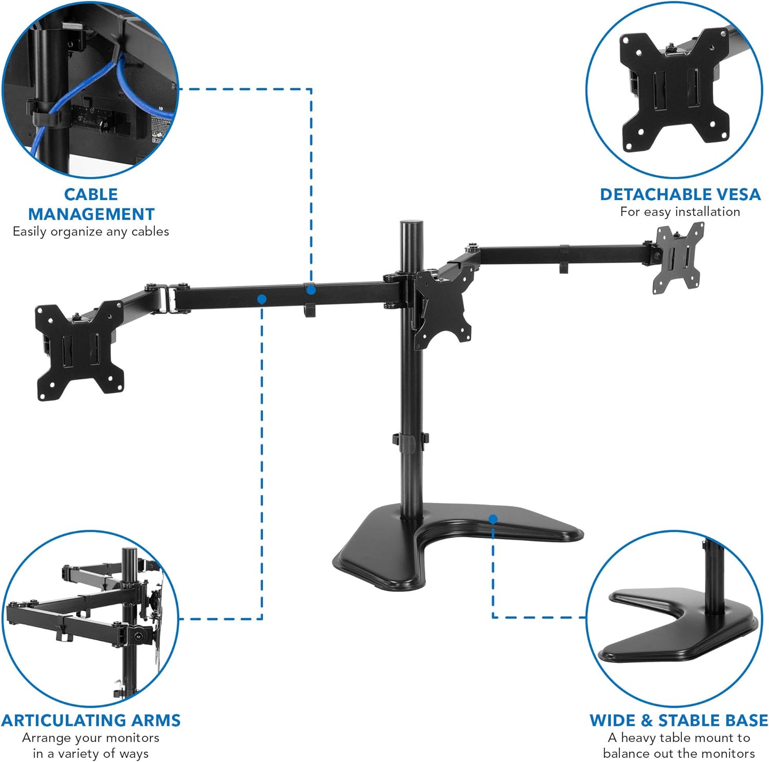 Mount-It! Triple Monitor Stand - Freestanding Computer Desk Mount Fits Up to 27 Inch Monitors, VESA 75, 100 Compatible Pack of 2