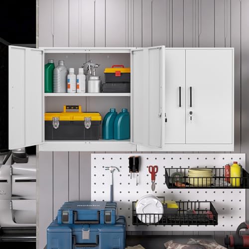 GREATMEET Metal Wall Cabinet, Wall Mount Metal Cabinet for Garage Storage, Locking Cabinet with Doors and Adjustable Shelf, Steel White Cabinet for Utility Room, Garage