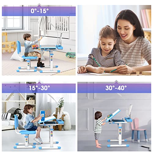 BELANITAS Kids Desk and Chair Set 5-8 Year Old, Desk for Kids Room 8-12, Height-Adjustable Children Desk with 40-Degree Tilted Desktop, Kids Study Desk and Chair Set for School, Green