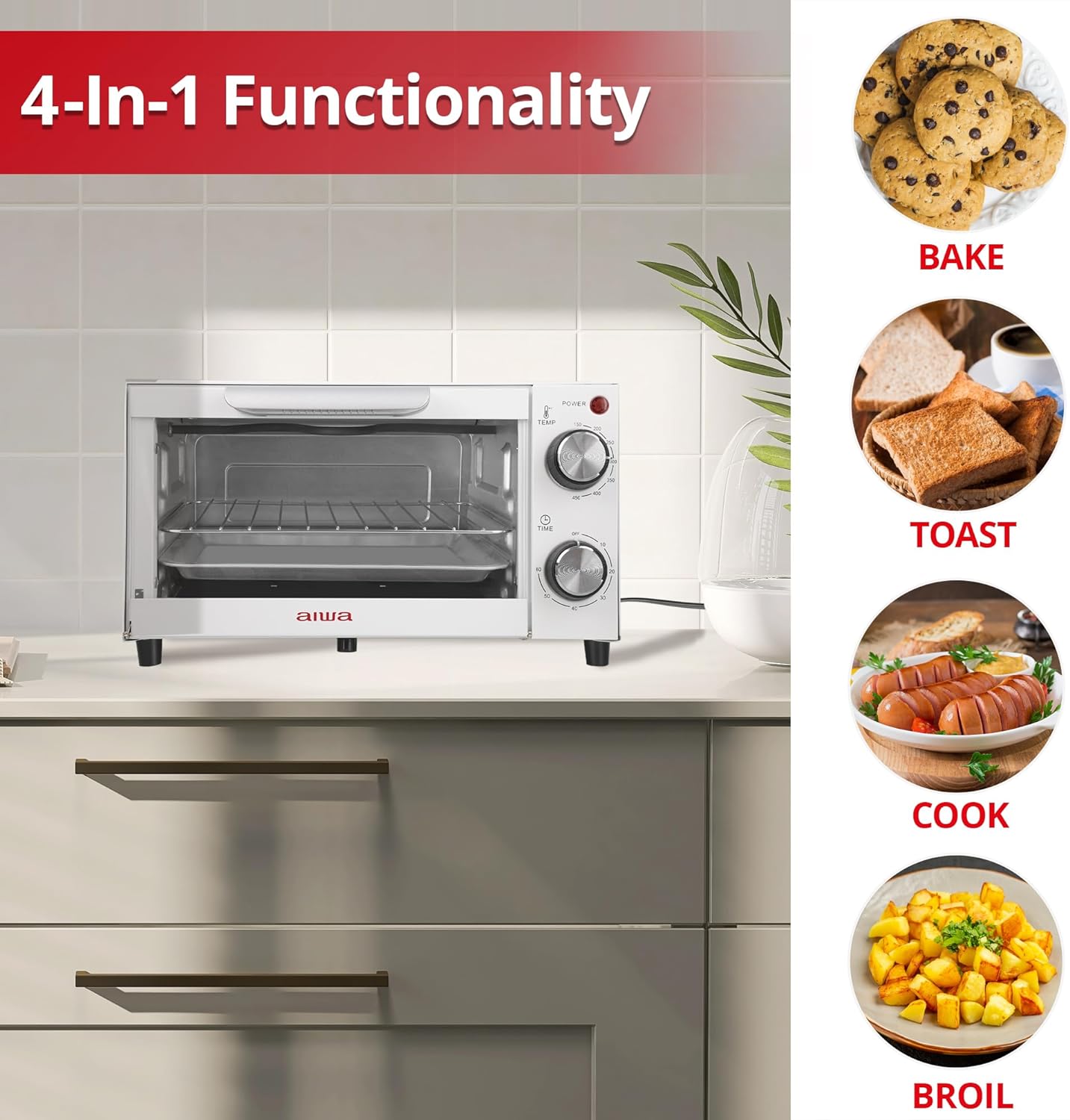 750W Toaster Oven 4 Slice With Baking Tray, Bake Toast Cook And Broil, Temperature Control, 60 Minute Timer Knob, Automatic Shutoff, Baking Tray And Crumb Tray Included