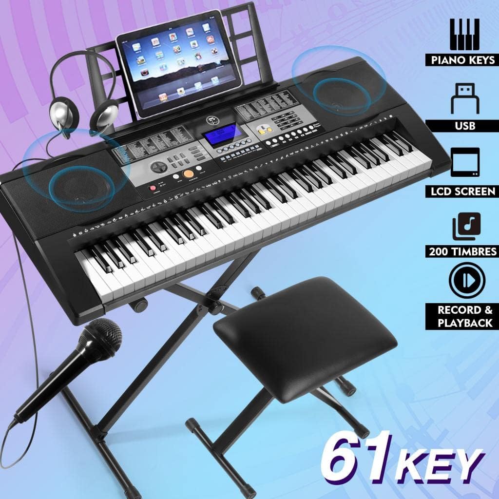 Mustar 61 Key Piano Keyboard, Portable Electric Keyboard Piano with Stand, Touch Sensitive Keyboards Piano 61 key for Beginners, Piano Stool, Headphones, Microphone, LCD Screen