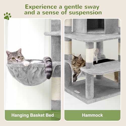 Globlazer Corner Cat Tree for Large Cats, 66inch Tall Curved Series Large Cat Tower for Multiple Indoor Cats with 6 Scratching Posts, 2 Spacious Cat Condos, Hammock, Hanging Basket, C66, Beige