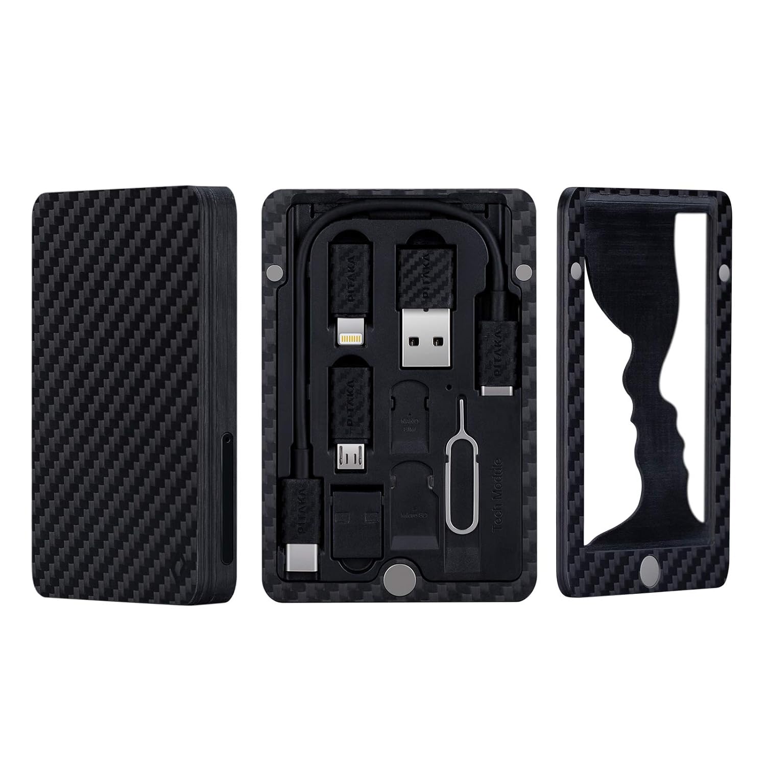 PITAKA MagEZ Digital Travel Kit Carbon Fiber Wallet Modular Layered Portable Electronic Tool Kit Contains Type-C Cable Adapters Built-in SD Card Reader 16GB Thumb Drive Store Sim and SD Cards
