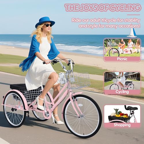 26 Inch Tricycle for Adults, 7 Speed Beach Cruiser Bike Adult Tricycles for Women Men, 3 Wheel Bikes for Adults Large Seat with Backrest, Three Wheel Bikes with Front & Rear Baskets