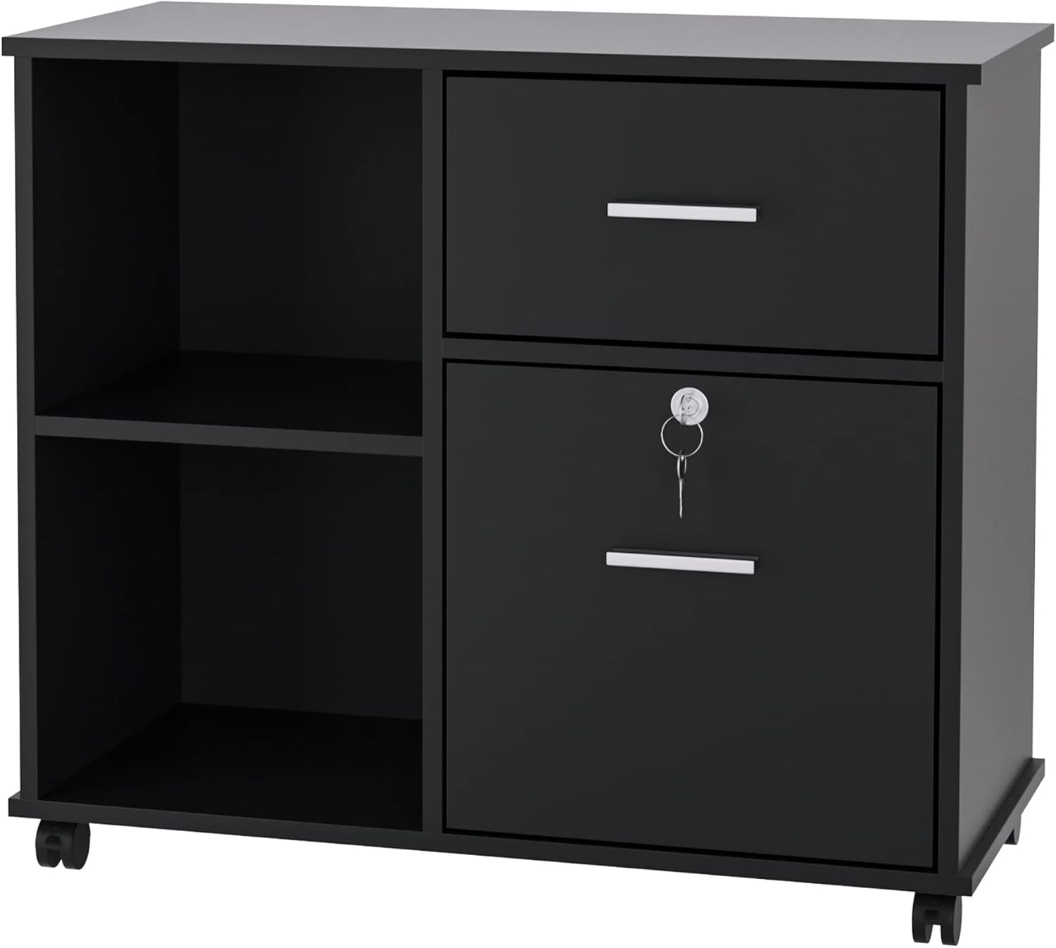 Lateral File Cabinet with Drawers and Lock, Wood Filing Cabinet, Rolling Printer Stand with Shelves for Home Office, Black