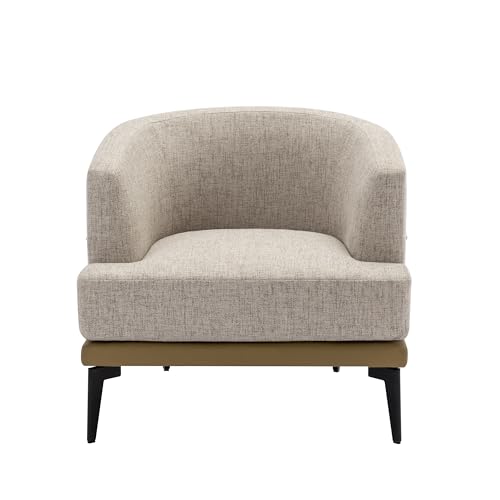 Modern 2 Tone Accent Barrel Chair with Linen and PU, Thick Cushion, Metal Legs, Upholstered Arm Chair for Living Room Reading Room Bedroom (Mustard Green)