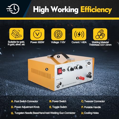 Jewelry Spot Welder Machine, 110V Portable Pulse Sparkle Spot Welder, 600W 80A Electric Spot Welder with Foot Pedal, Adjustable Permanent Jewelry Welder Kit for Rapid Welding of Gold Silver Iron