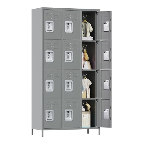 METAN Metal Storage Locker for School Office Gym Bedroom, 12 Doors Locker Cabinet for Employees, Industrial Steel Storage Locker with 12 Hooks, Assembly Required (12 Door-Light Gray)