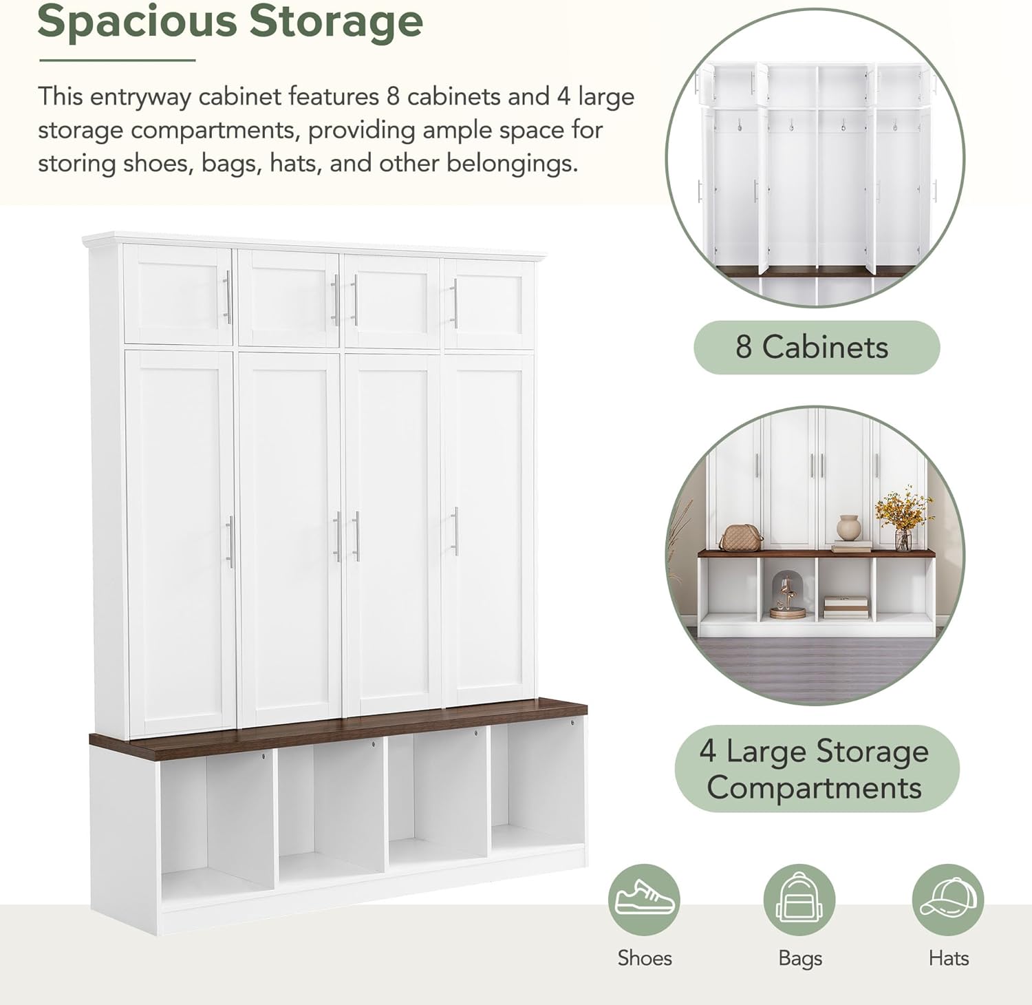 LUMISOL Wide Entryway Hall Tree with Storage Bench & Shoe Cube Storage, Shoe Cabinet with 4 Hidden Hanging Hooks and 8 Cabinets, Hallway Coat Rack with Open Compartments for Living Room Mudroom, White