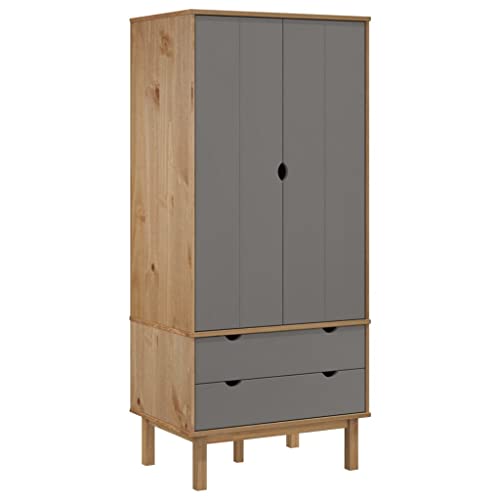 Wardrobe Brown and Gray 30.1"x20.9"x67.7" Solid Wood Pine,Scandinavian Pine Wood Wardrobe with Ample Storage for Clothes and Accessories Armoires & Wardrobes for Bedroom