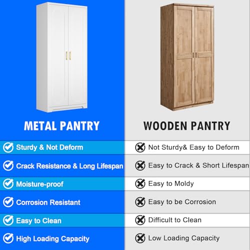 Metal Storage Cabinet with Doors and Shelves, 71 Inch Tall Kitchen Pantry Cabinet, Pantry Cabinets for Kitchen Storage, Freestanding Cupboard for Living, Dining Room, White, Assembly Required