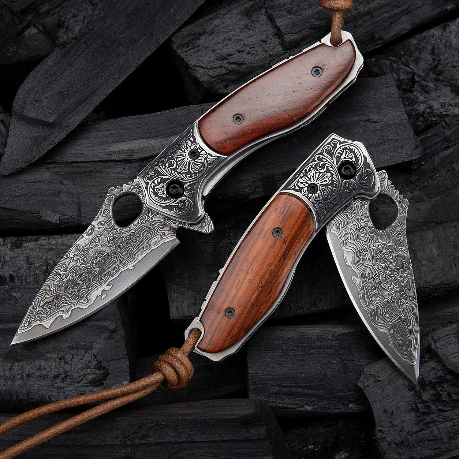 SPIRIT DEED EDC Pocket Knife for Men,2.5in Japanese Handmade VG10 Damascus Steel,Rosewood Handle,Liner Lock,Leather Sheath,Folding Knives for Camping and Hunting (Rosewood, 2.8)