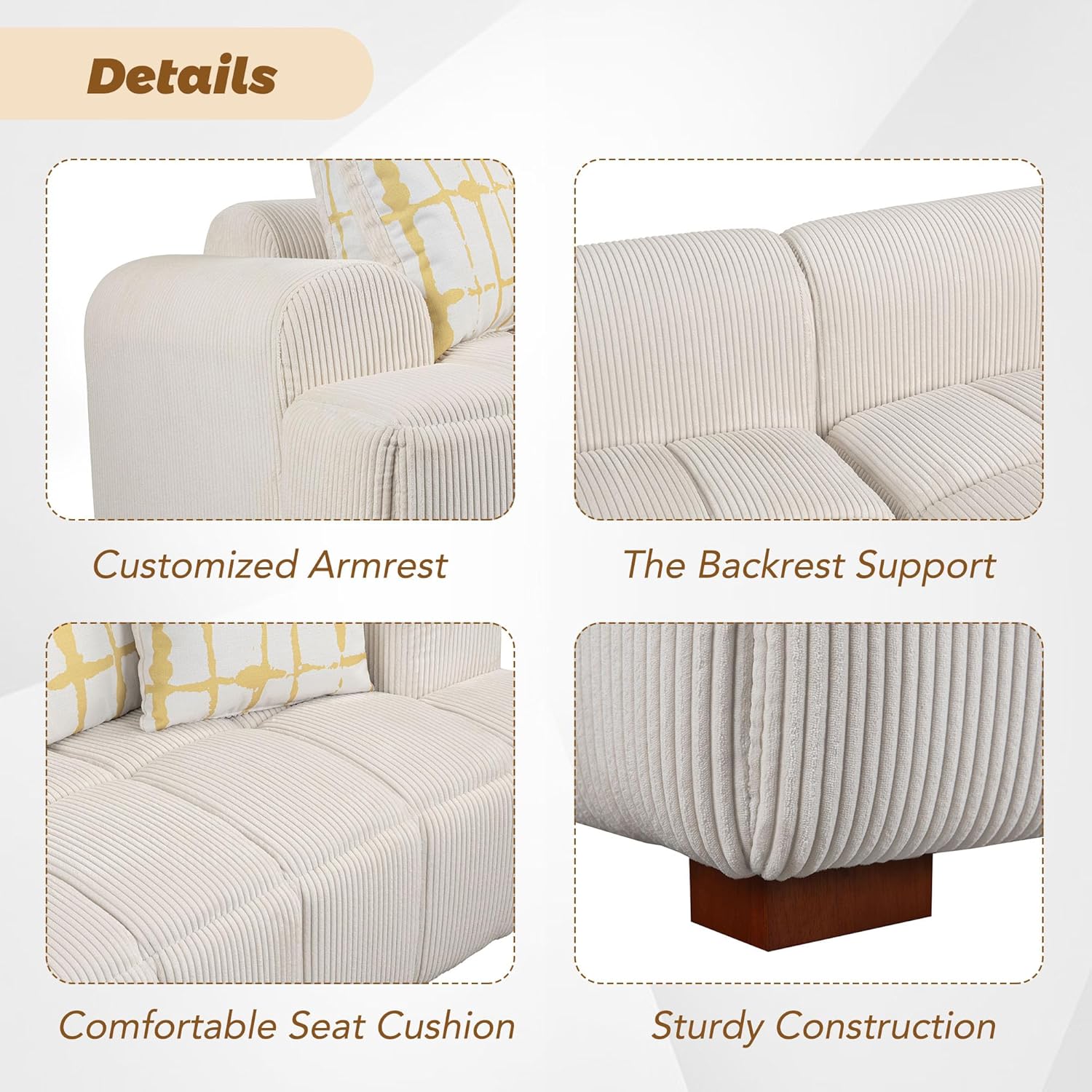 Oversized 4 Seaters Corduroy Upholstery Modular Cloud Sectional Sofa Couch,Modern Living Room Deep Seat Upholstered TV Sofa&Couch with 4PCS Pillows and Rubber Wood Legs for Home Apartment