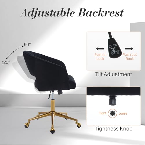 Home Office Swivel Desk Chair, Modern Corduroy Desk Chair, Height Adjustable Armchair with Gold Base, Ergonomic Office Chair for Living Room Vanity Study Computer Room, Black