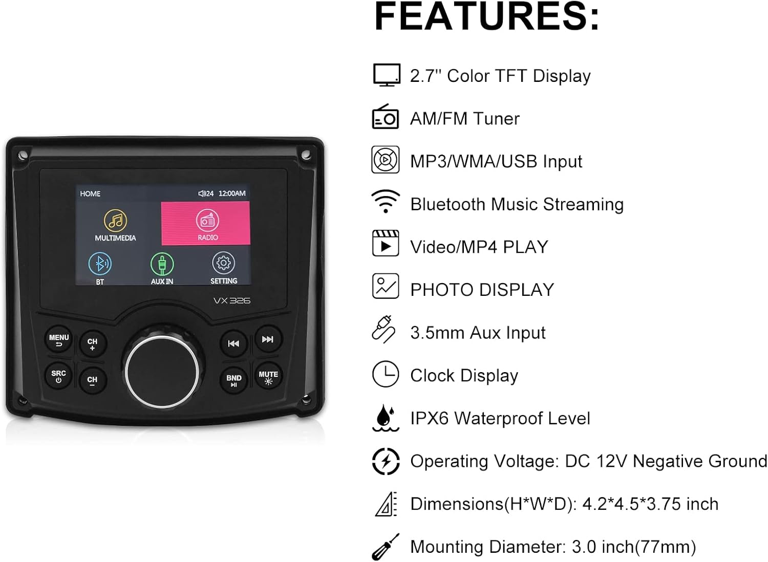 3 Inches Marine Stereo Bluetooth Waterproof Digital Display Radio Media Receiver with AM/FM, USB, MP3 Capability for UTV, ATV, Boat, RZR