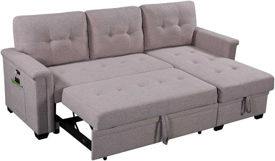 Sectional Sleeper Sofa with Storage Chaise and Pull Out Bed, Linen Tufted Upholstered Convertible Corner Couch for Living Room, Home Furniture, Apartment, 84", Light Gray-1