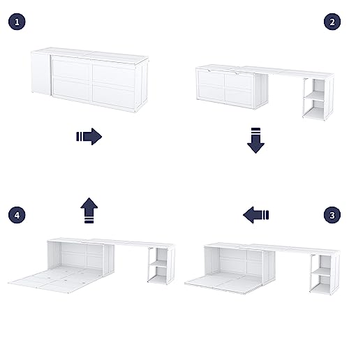 Queen Size Murphy Bed with Rotable Desk, Floor Low Murphy Bed with Desk, Wood Murphy Bed Folding Wall Bed for Home Office Small Room, White