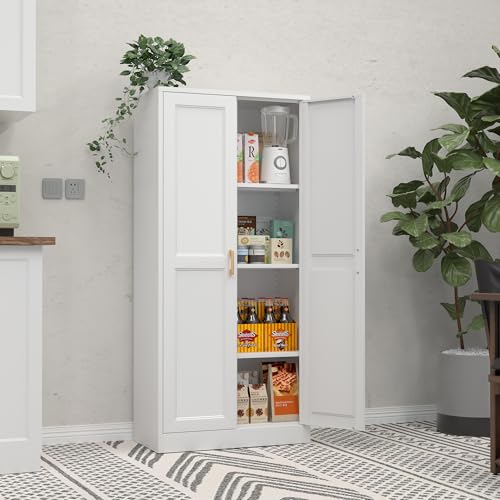 71" Tall Metal Storage Cabinet, Kitchen Pantry Storage Cabinets with Doors and 4 Shelves, White Pantry Cabinet, Utility Kitchen Cupboard, Large Steel Cabinets for Dining Room, Office, Living Room