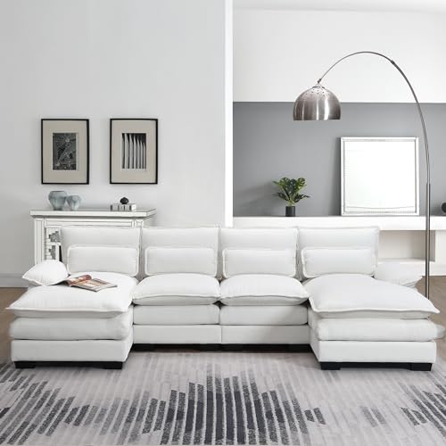 U Shape Sectional Sofa Velvet Cloud Couch for Living Room 110 Inch, Modern Deep Seat Cushions Sleeper Sofa with 4 Waist Pillows Oversized with Double Chaise Lounge (Gray-Velvet)