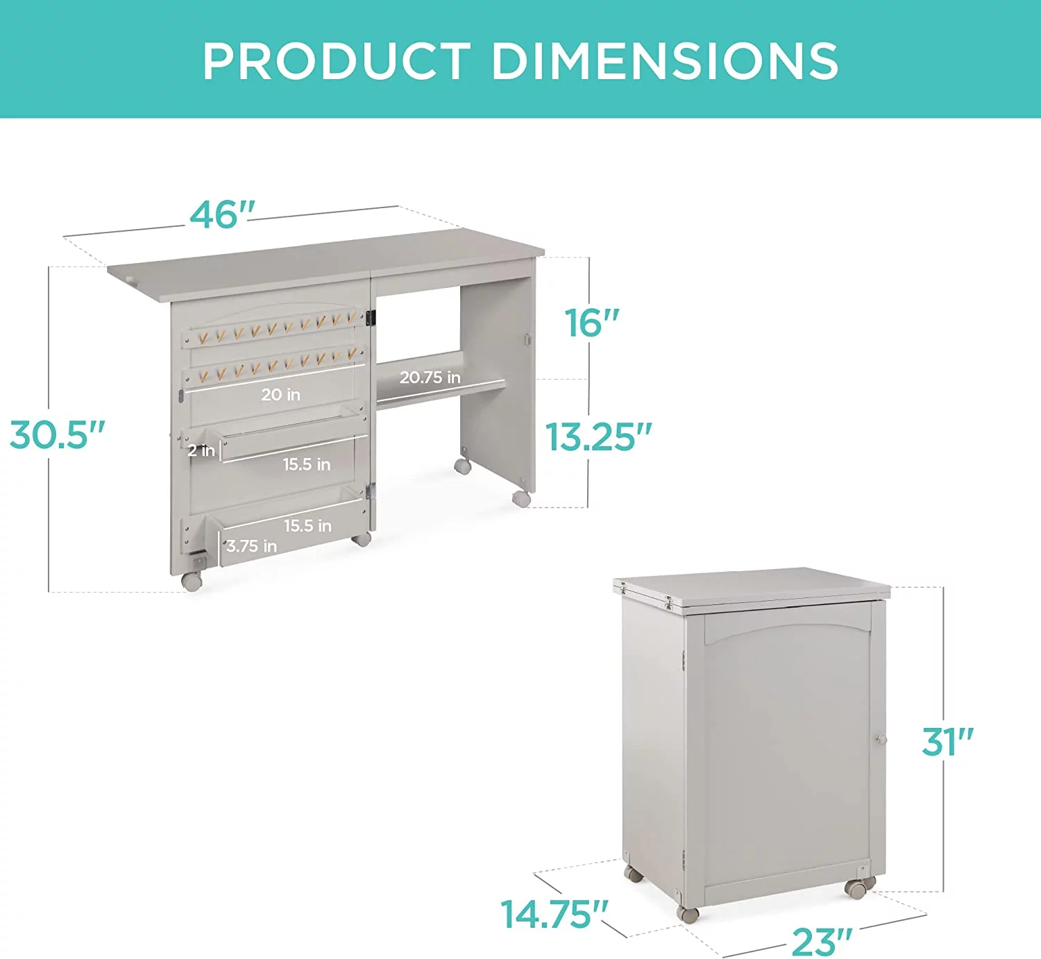 Folding Sewing Table Multipurpose Craft Station & Side Desk with Compact Design, Wheels, Shelves, Storage Trays, Pegs, Magnetic Doors, Metal Doorknobs - Gray