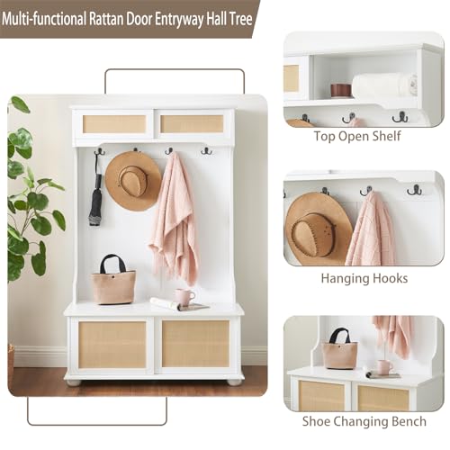 64" 3-in-1 Hall Tree Entryway Four Hooks Rattan Door Shelves Shoe Storage Bench Cabinets with Solid Feet for Hallway Living Room