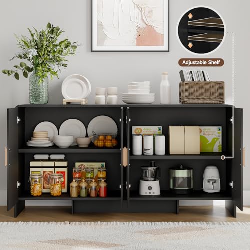 60" Sideboard Buffet Cabinet with Storage, Curved Design Farmhouse Coffee Bar Cabinet with 4 Doors & Adjustable Shelves for Living Room, Kitchen, Hallway, Walnut
