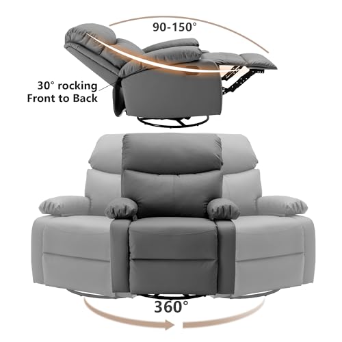 Swivel Rocker Recliner Chair for Adults, Genuine Leather Recliner Chair, Rocking Recliner Chair, Single Sofa Small Recliner for Living Room, RV, Nursery, Dark Grey