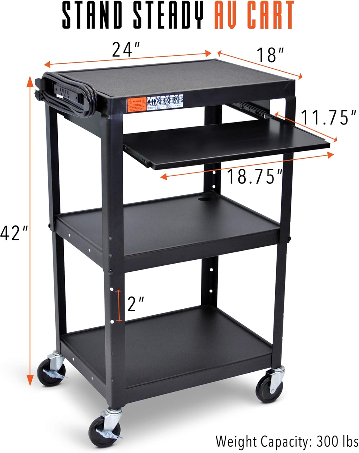 Line Leader Large AV Cart with Retractable Keyboard Tray | Height Adjustable Utility Cart | Includes Pullout Keyboard Tray & Cord Management | Easy Assembly (34in x 18in x 42in / Black)