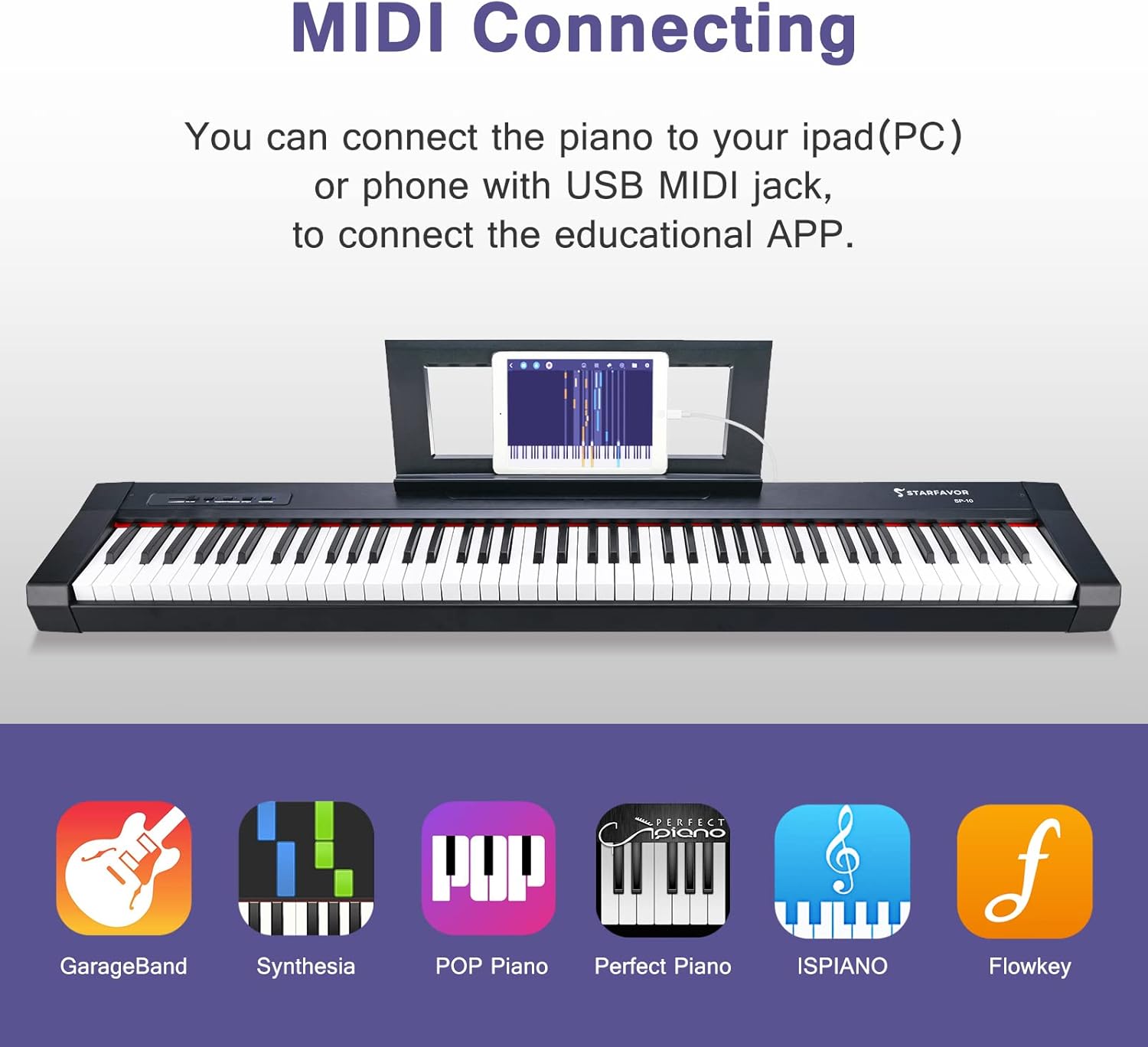 Starfavor 88 Key Digital Piano Beginner Electric Keyboard Full Size with Semi Weighted Keys Dual 30W Speakers SP-10 Bundle include Sustain Pedal, Power Supply, Stand, Piano Stickers