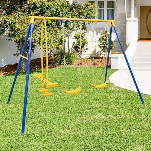 Costzon 440 lbs Swing Sets for Backyard, 3-in-1 Heavy Duty Extra Large Metal Swing Frame w/A-Shaped Stand, Swing, Glider, Gym Rings, Play Equipment for Indoor Outdoor Gifts Kids Toddlers