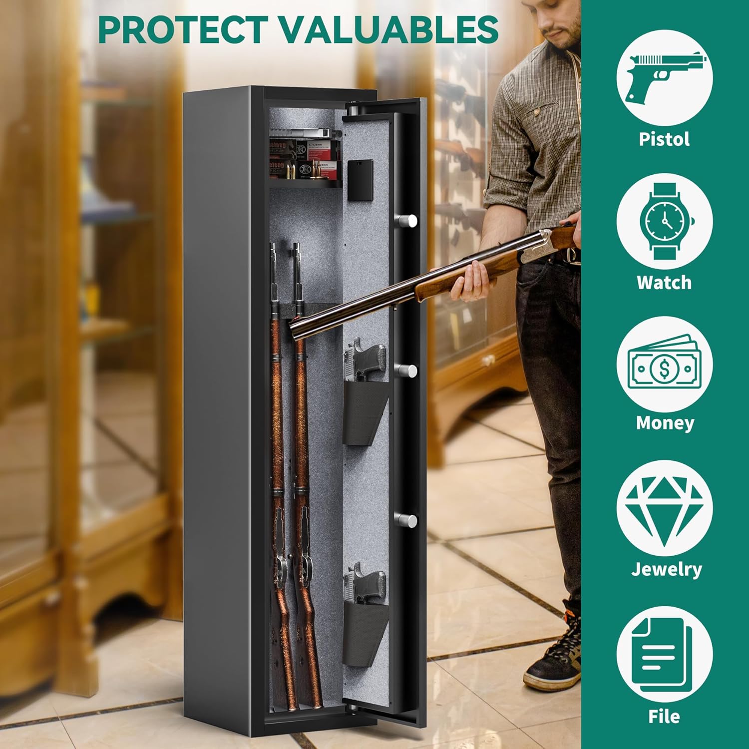YITAHOME 3-5 Rifle Gun Safe, Quick Access Gun Cabinets with Digital Keypad and Fireproof Bag, Password Lock Gun Safes for Home Rifles and Pistols, Rifle Safe with Pockets and Removable Shelf