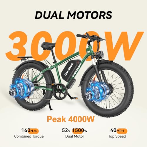Dual Motor Electric Bike for Adults, 52V 4000/5000W Peak Motor, 40/45MPH, 1300Wh Battery, Up to 100 Miles Range, 26" x 4.0 Fat Tire Ebike with 7-Speed, Suspension, Turn Signals and Dual Disc Brakes