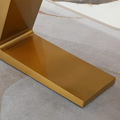 Sintered Stone Dining Table for 6-8, Modern Rectangular Kitchen Table with Z-Shaped Gold Stainless Steel Base, Luxury Pandora Brown+White Dining Room Table Noble Hotel Dining Table