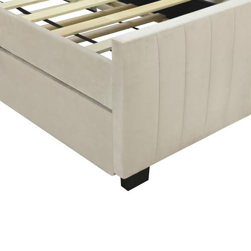 Harper & Bright Designs Platform Bed, Merax Twin Size Velvet Upholstered Bed Frame with Twin Size Trundle for Bedroom, Wood Slat Support, No Box Spring Needed, Easy Assembly, Beige