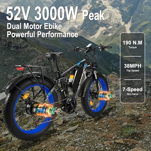 3000W Peak Fat-Tire Electric-Bike for Adults-Women-Men - Seeker24 Dual Motor Electric-Bicycle 52V 25AH Battery, 38MPH, Full Suspension Ebikes with 24 Inch for Off-Road Mountain Snow - US Warehouse