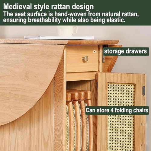 Folding Dining Table, Convertible Wood Round Dining Table for Kitchen/Farmhouse/Living Room, Space Saving Rattan Weaving Dining Room Table with Storage Space