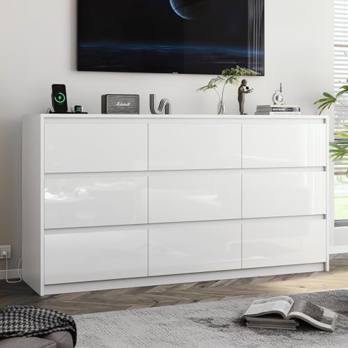 10 Drawer Dresser, White Dresser for Bedroom, High Gloss Modern Dresser & Chest of Drawers, 55" Long Dresser TV Stand, Large Double Dresser for Bedroom
