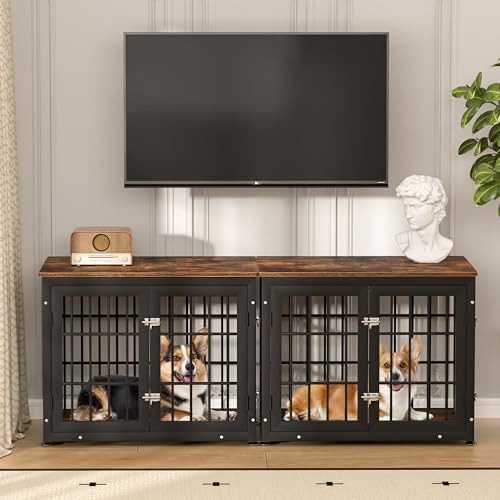 48 Inch Heavy Duty Dog Crate Furniture for Large Dogs, Decorative Pet House End Table, Extra Large Wooden Cage Kennel Furniture Indoor, Natural and White