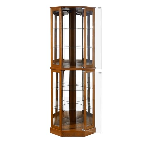 SSLine Lighted Corner Display Curio Cabinet Traditional 6-Shelf Wooden Display Cabinet with Adjustable Shelves 72" Tall Glass Shelving Unit for Curio Collectibles Storage(Walnut)