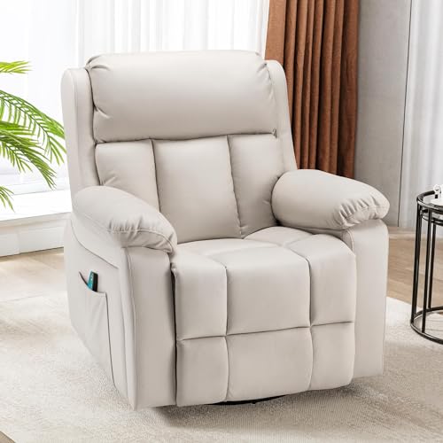 GYUTEI Massage Recliner Chair with Heated, 360 Degree Swivel Rocking Recliner Chair for Adults, Microfiber Cloth Lazy Boy Recliner with Side Storage Bag for Living Room, Bedroom, Nursery (Beige)
