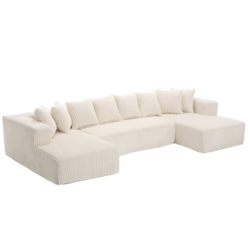 131'' Modular Sectional Couch, U-shaped Sofa, Chaise Lounge, Striped Corduroy Fabric,Upholstered 4 Seater Couch for Living Room, Bedroom, Free Combination Sofa (White)