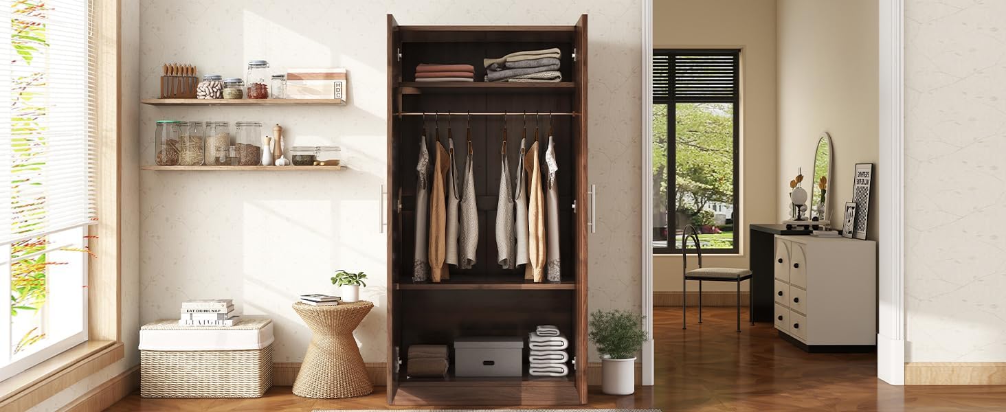 Wooden Armoire, Wardrobe Closet Cabinet with Hanging Rod and Storage Shelves, Freestanding Wardrobe Closet with Doors for Bedroom, Dressing Room, Laundry Room, Brown
