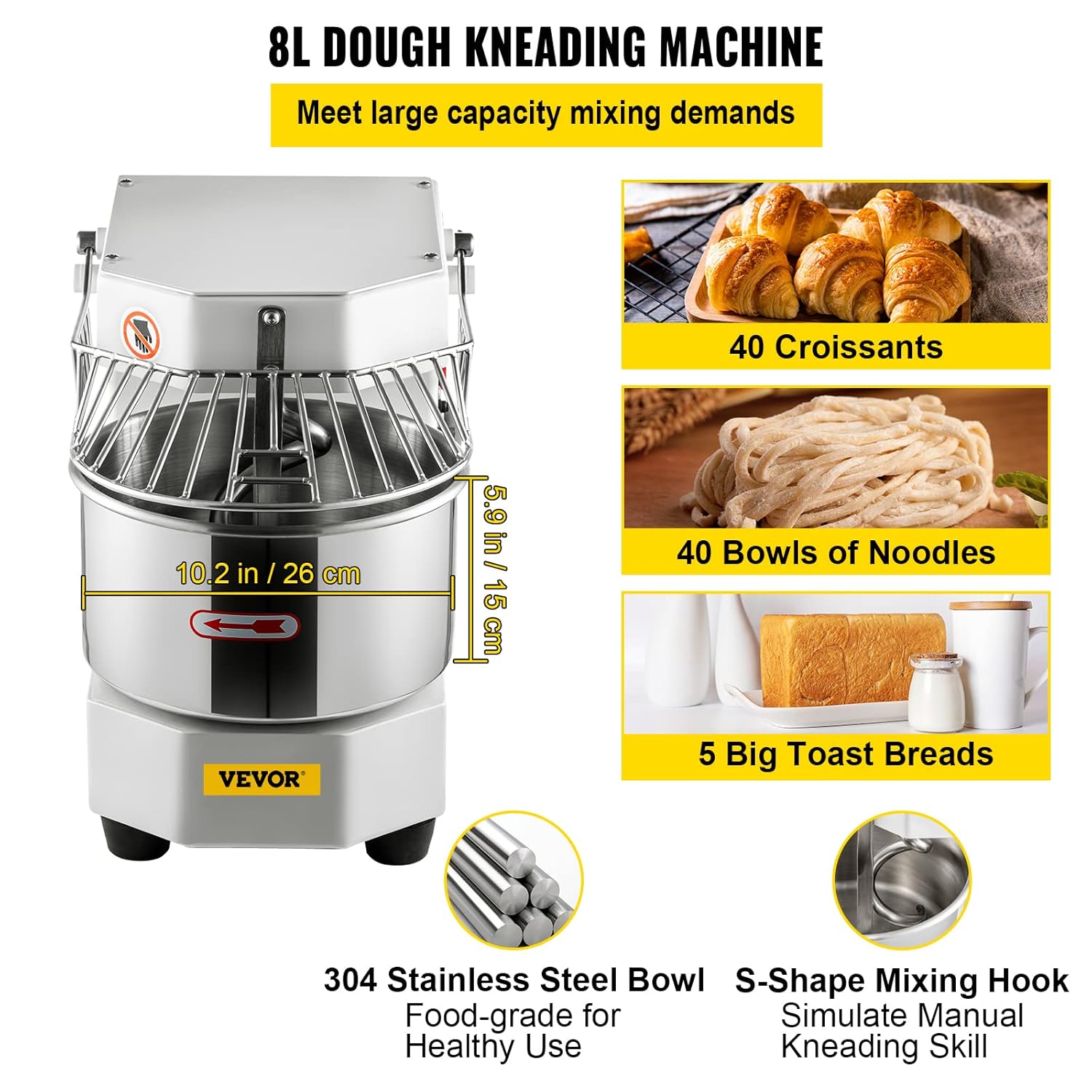 VEVOR Commercial Food Mixer, 7.3Qt Capacity, 450W Dual Rotating Dough Kneading Machine with Food-grade Stainless Steel Bowl, Security Shield & Timer Included, Baking Equipment for Restaurant Pizzeria