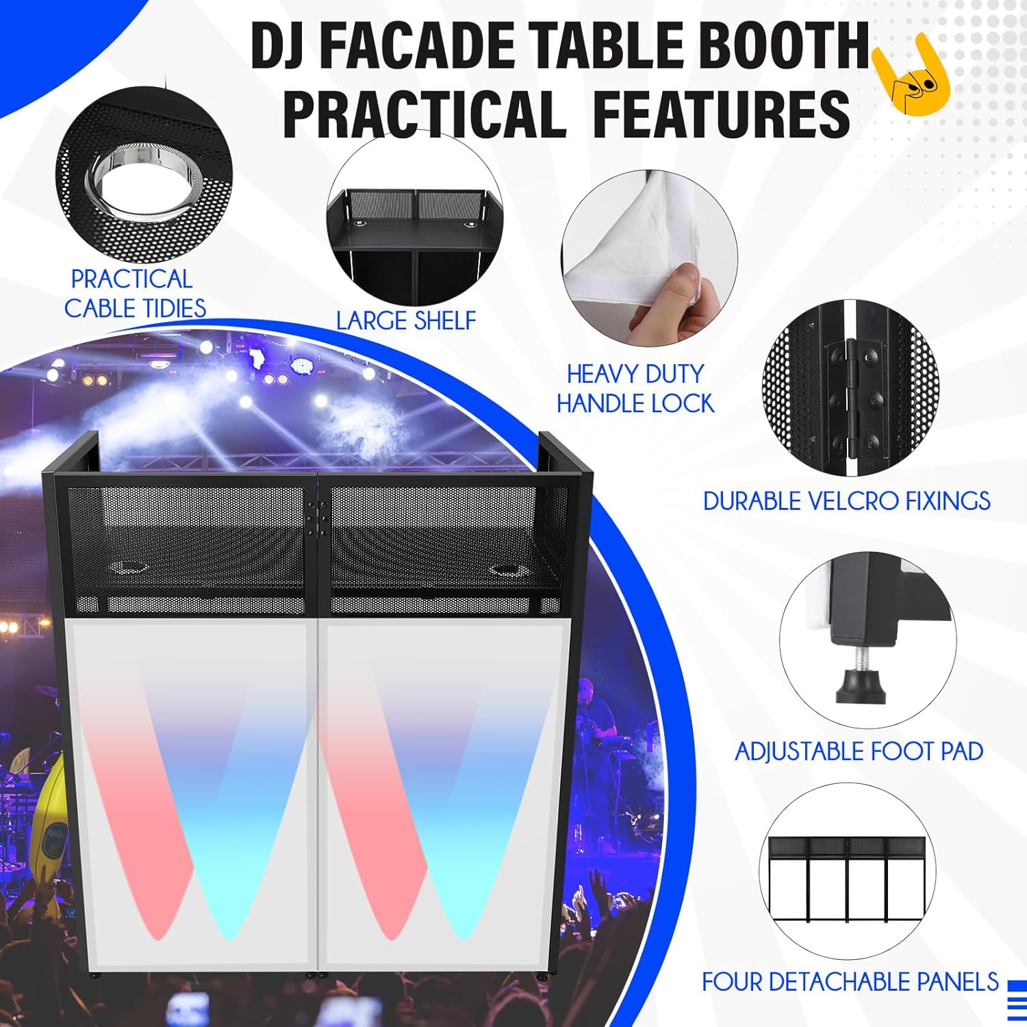 Portable DJ Facade Booth,52"L X 26"W DJ Facade with White & Black Scrim,Foldable DJ Table Station with Adjustable Feet for Party, Black Metal Frame